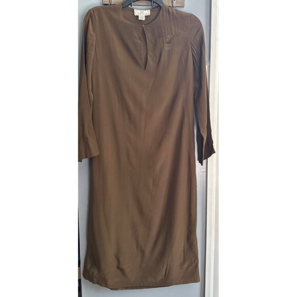Soo Yung Lee 100% Silk Midi Dress Women’s Size 4 Dark Olive Green Quarter Sleeve - Picture 1 of 6